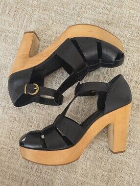 Madewell | High Road Black Leather Clog Heels with Wood Platform